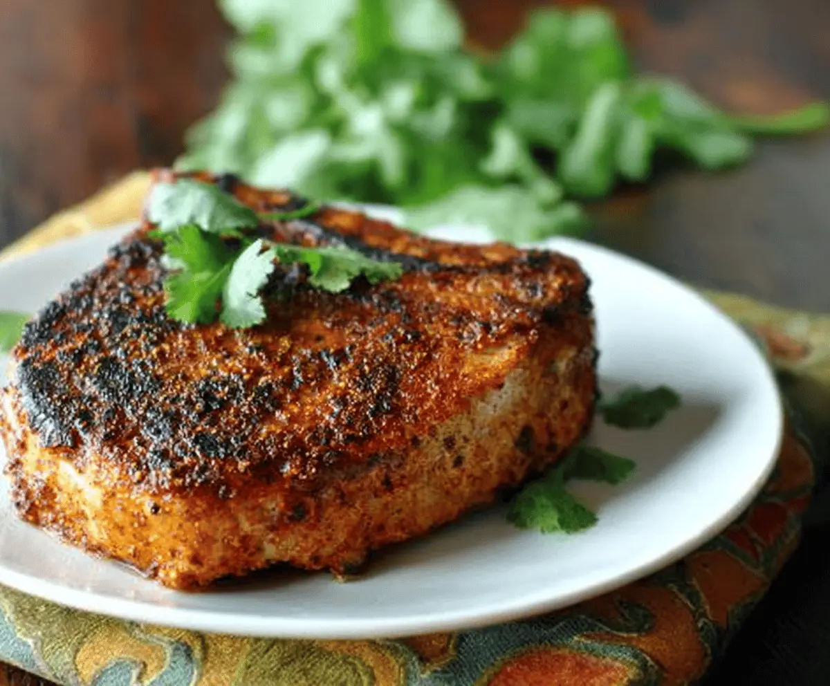 Juicy pork chops seasoned with taco spices on a plate, perfect for a flavorful dinner.