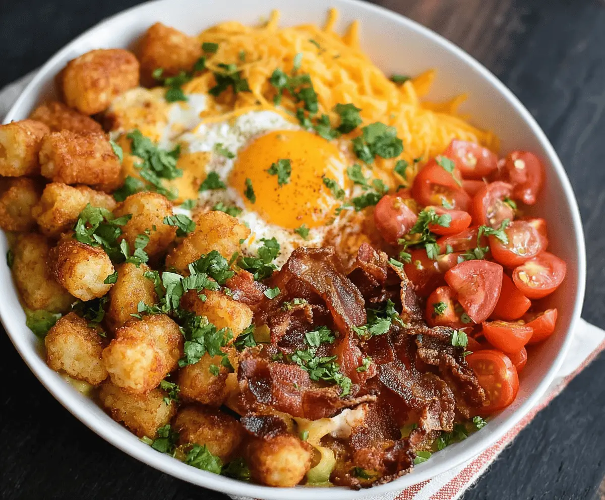 Delicious Tater Tot Breakfast Bowl with eggs, cheese, and fresh vegetables