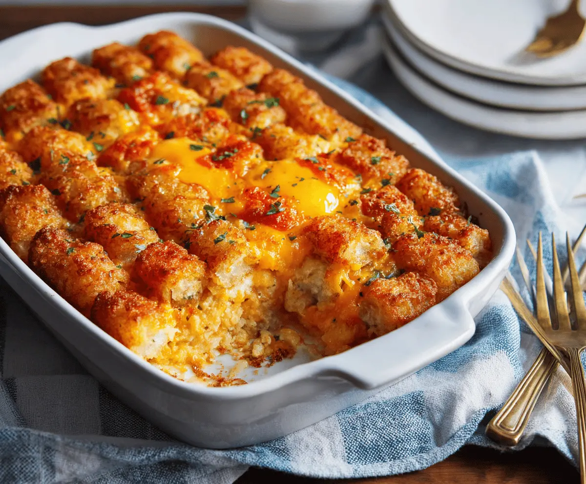 Delicious Tater Tot Egg Breakfast Casserole with crispy tots and fluffy eggs, perfect for breakfast or brunch.