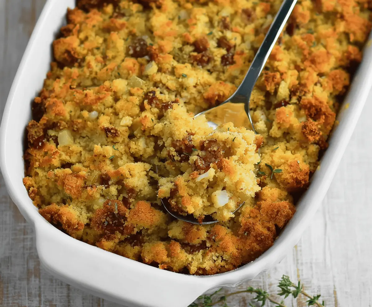 Delicious Southern Cornbread Dressing with herbs and spices, served hot on a festive plate.