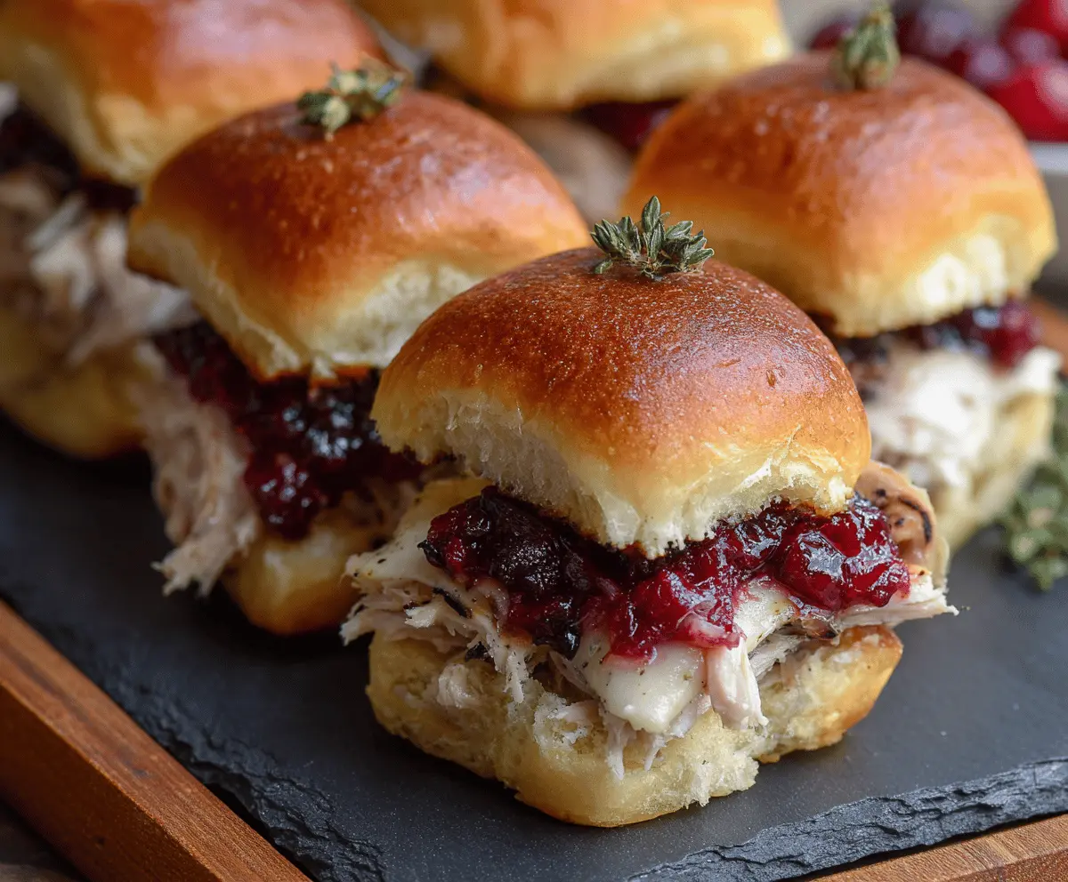 Delicious turkey cranberry sliders with fresh ingredients on a serving platter.