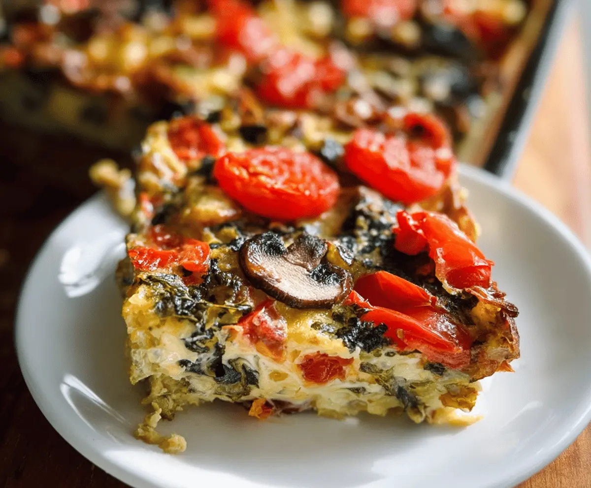 Delicious veggie-packed breakfast casserole with colorful vegetables and melted cheese.