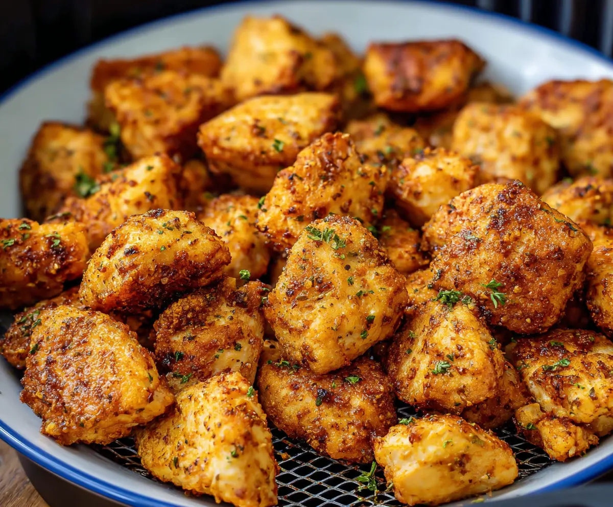 Crispy Air Fryer Chicken Bites served with a side of fresh vegetables.
