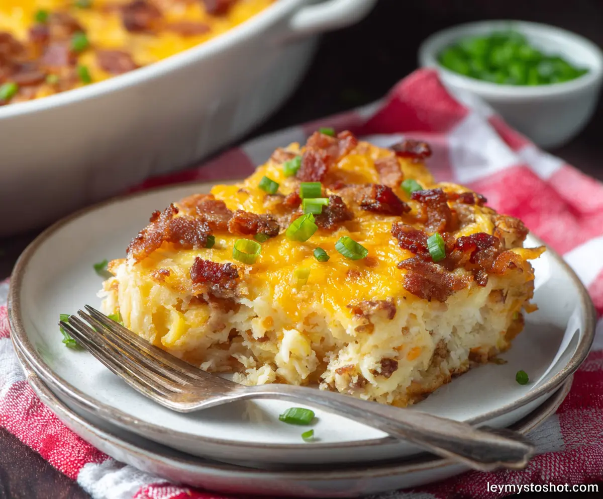 Delicious Amish Breakfast Casserole with eggs, sausage, and cheese in a baking dish.