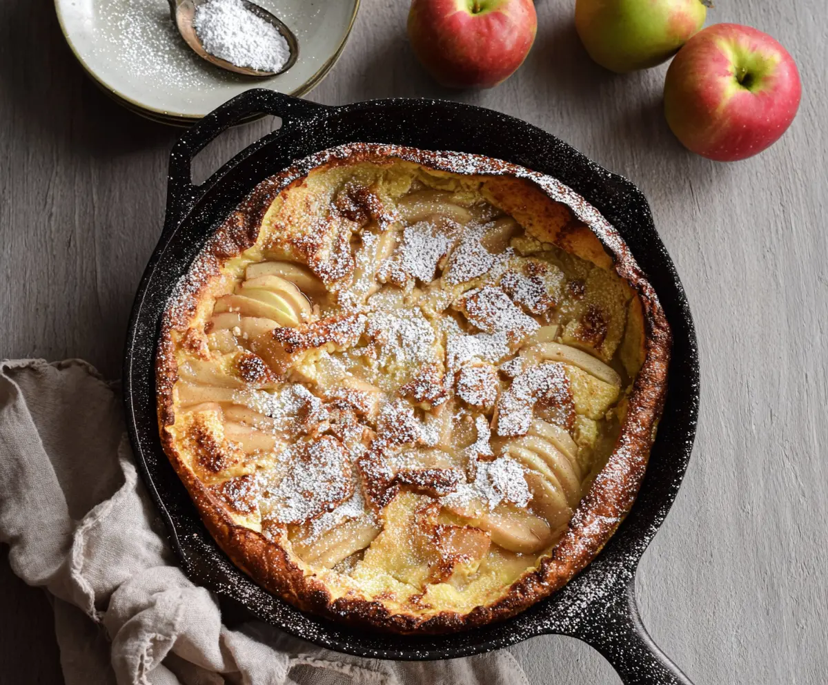 Delicious Apple Cinnamon German Pancake topped with fresh apples and sprinkled cinnamon.
