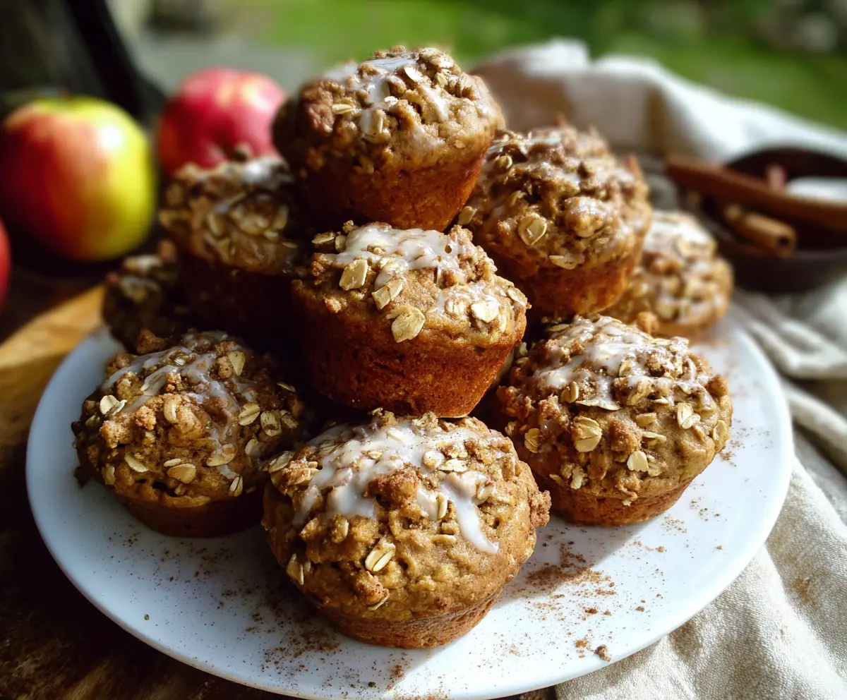 Delicious homemade apple cinnamon oat muffins on a baking tray, perfect for breakfast or snack.