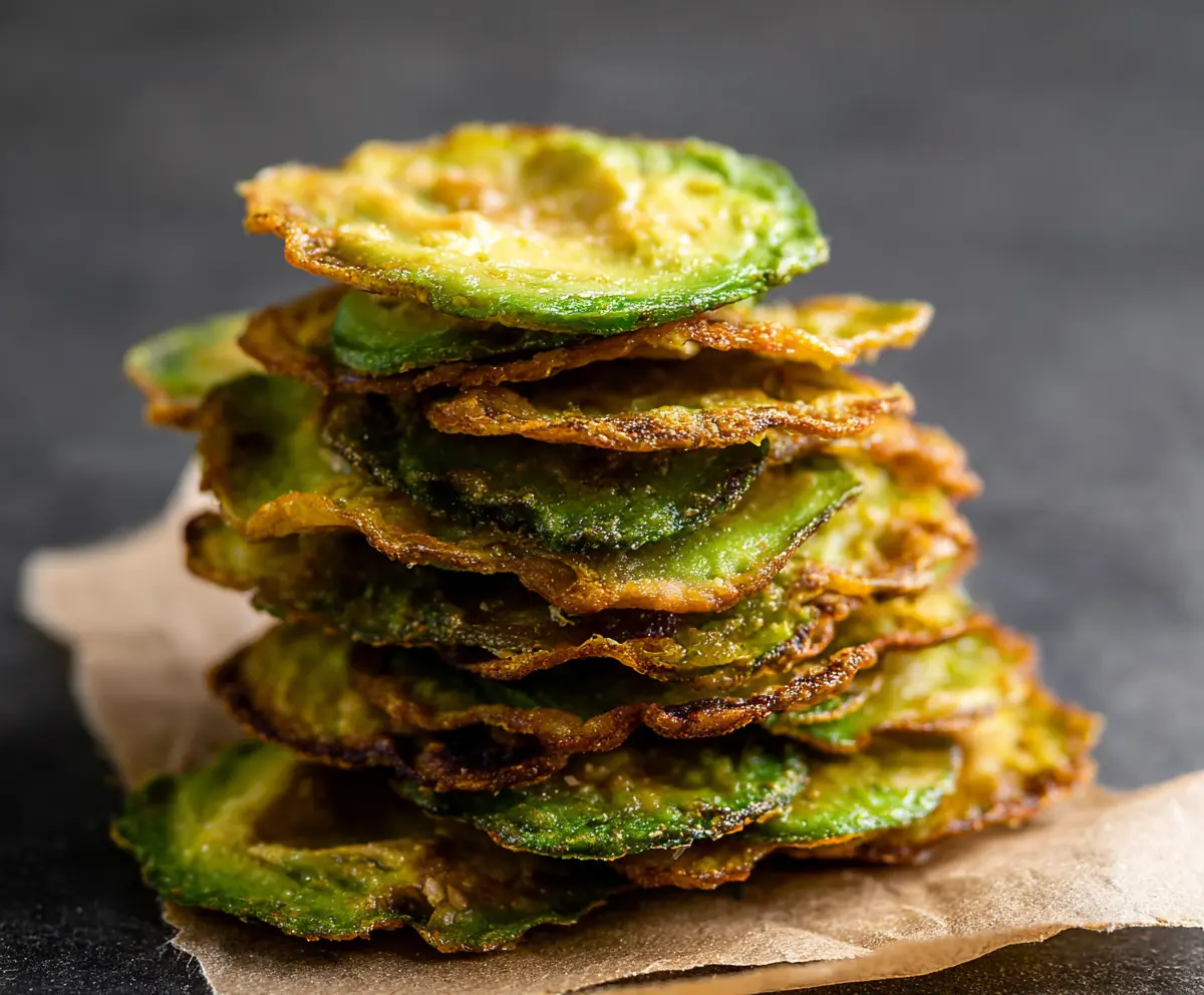 Crispy homemade avocado chips on a white plate with a side of dipping sauce.