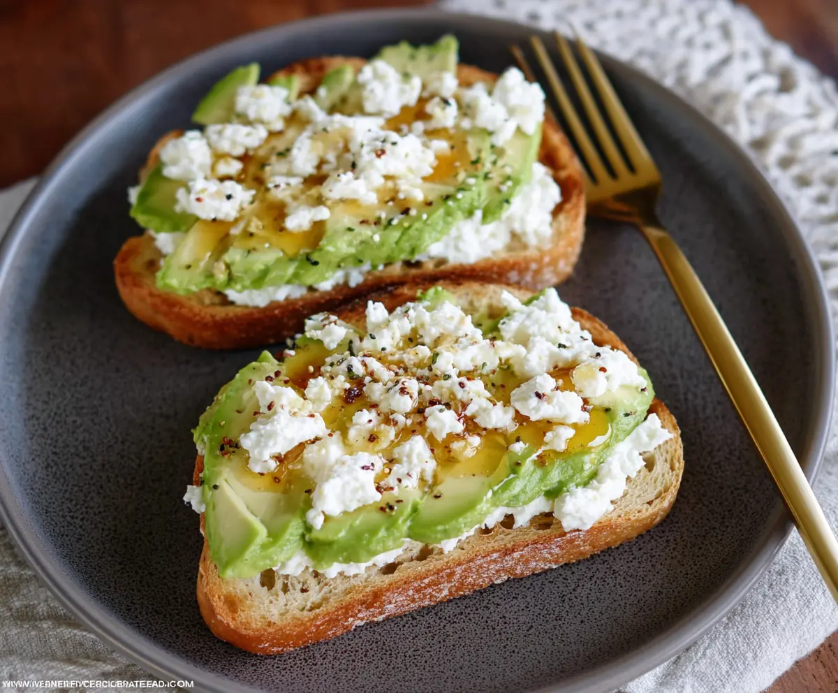 Healthy avocado toast topped with cottage cheese and a drizzle of honey, served on a rustic wooden table.