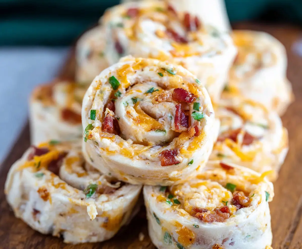 Bacon Cheddar Ranch Pinwheels on a plate with crispy bacon and melted cheese