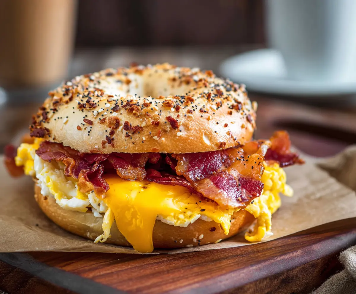Delicious bacon, egg, and cheese breakfast bagel sandwich on a sesame bagel.