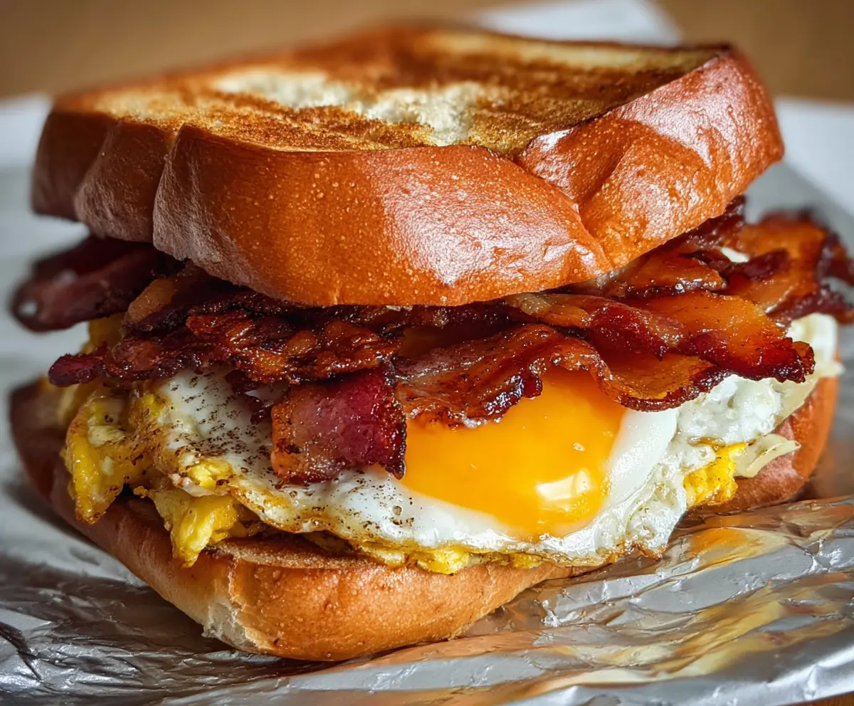 Savory bacon and scrambled eggs breakfast sandwich on a toasted bun