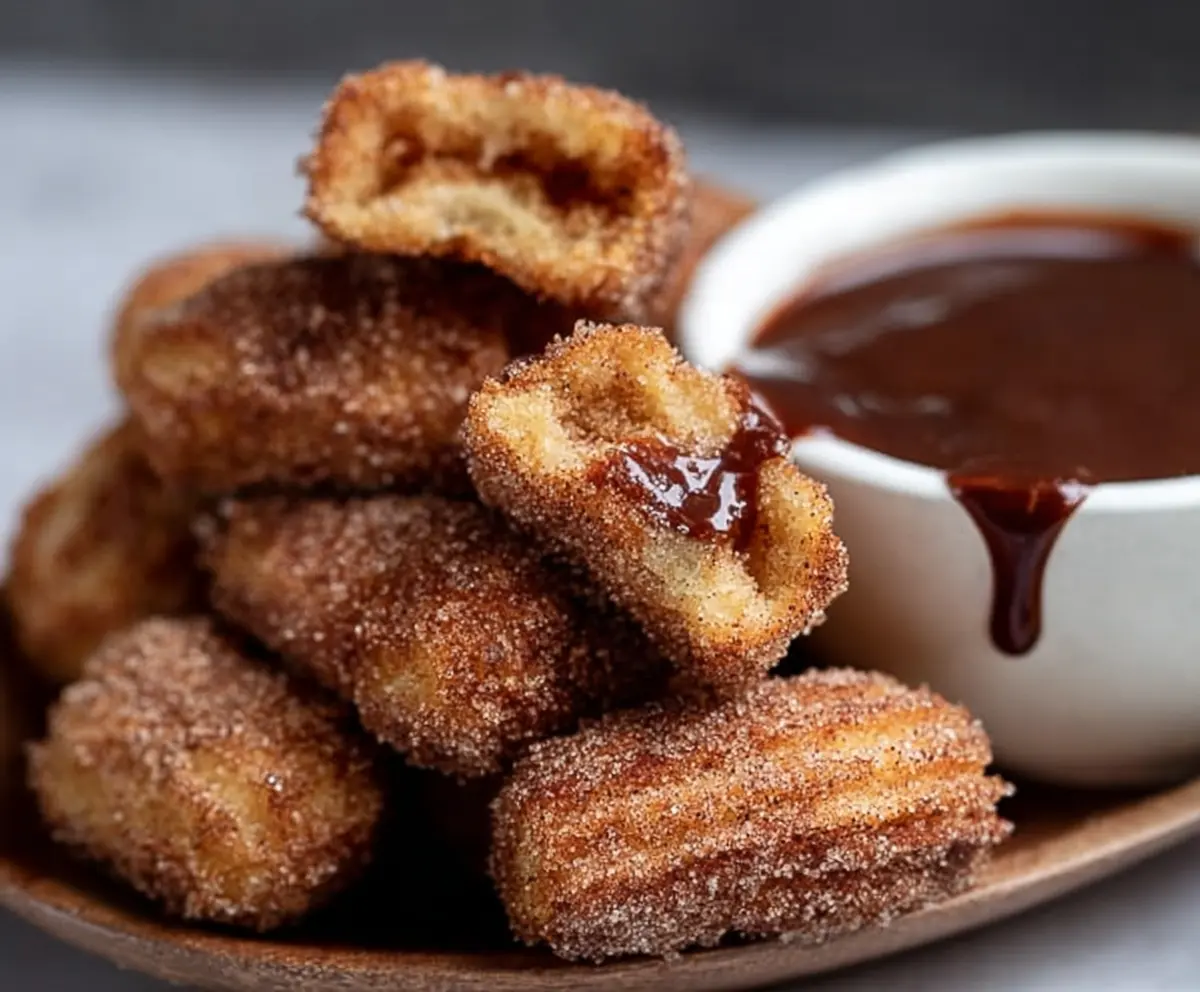 Golden baked churro bites sprinkled with cinnamon sugar on a white plate.