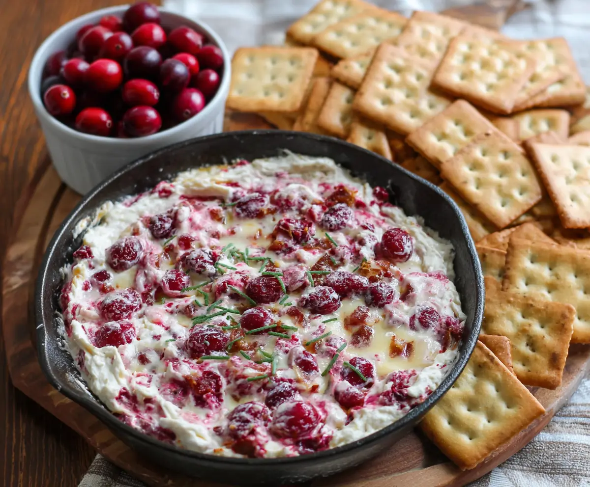 Delicious baked cranberry cream cheese dip served in a bowl with fresh herbs.