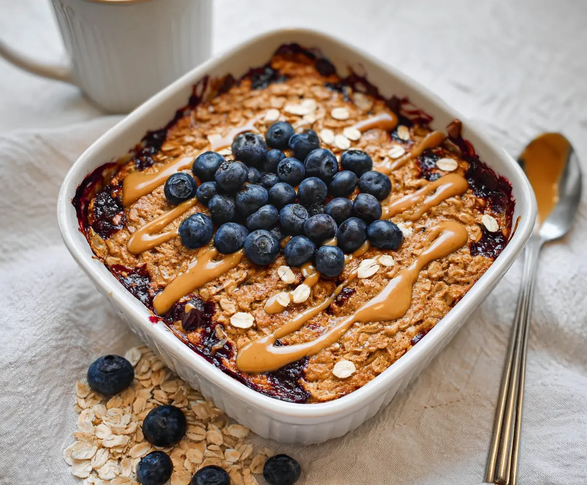 Healthy baked protein oatmeal in a glass dish, topped with fresh fruits and nuts.