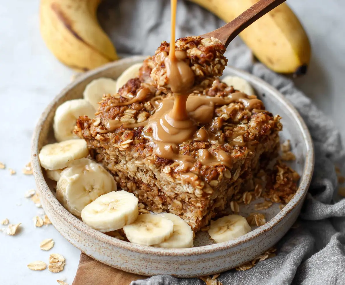 Delicious banana bread baked oatmeal served in a bowl, topped with slices of banana and nuts.