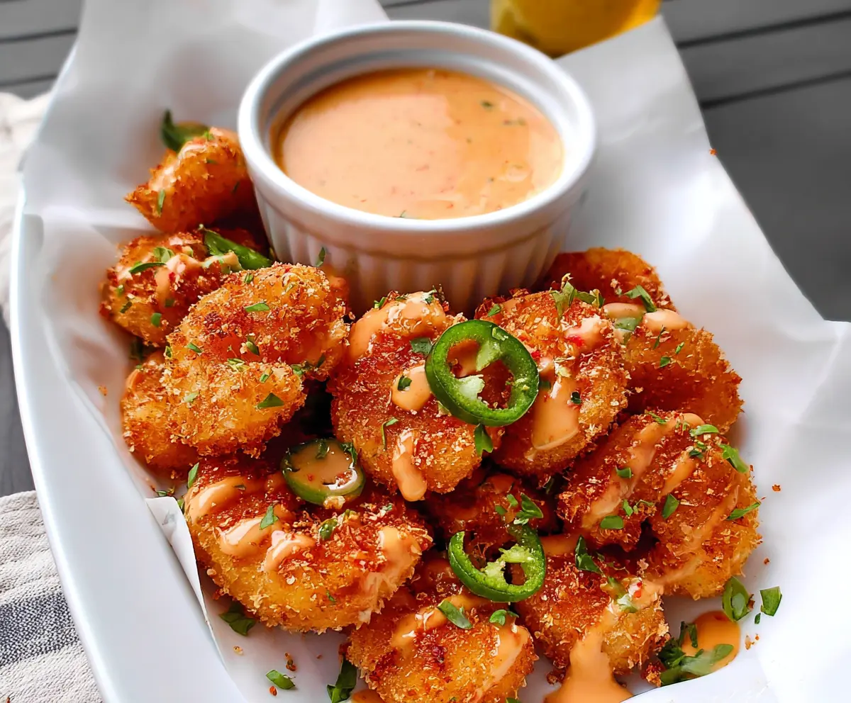 Crispy Bang Bang Shrimp Bites garnished with green onions on a white plate