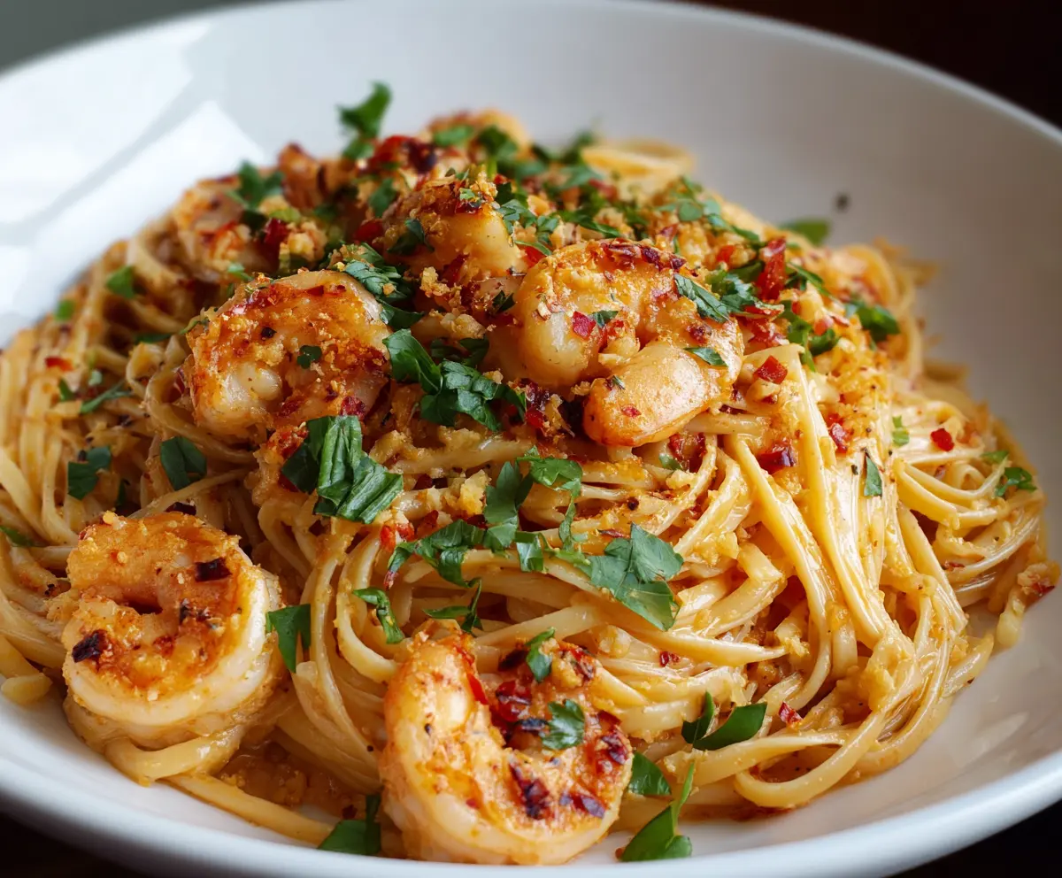 Creamy Bang Bang Shrimp Pasta with crispy shrimp and spicy sauce served on a plate.