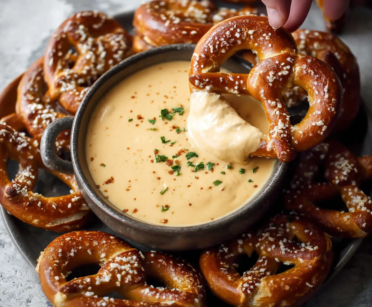 Creamy beer cheese dip served with crunchy pretzels, perfect for snacking at parties