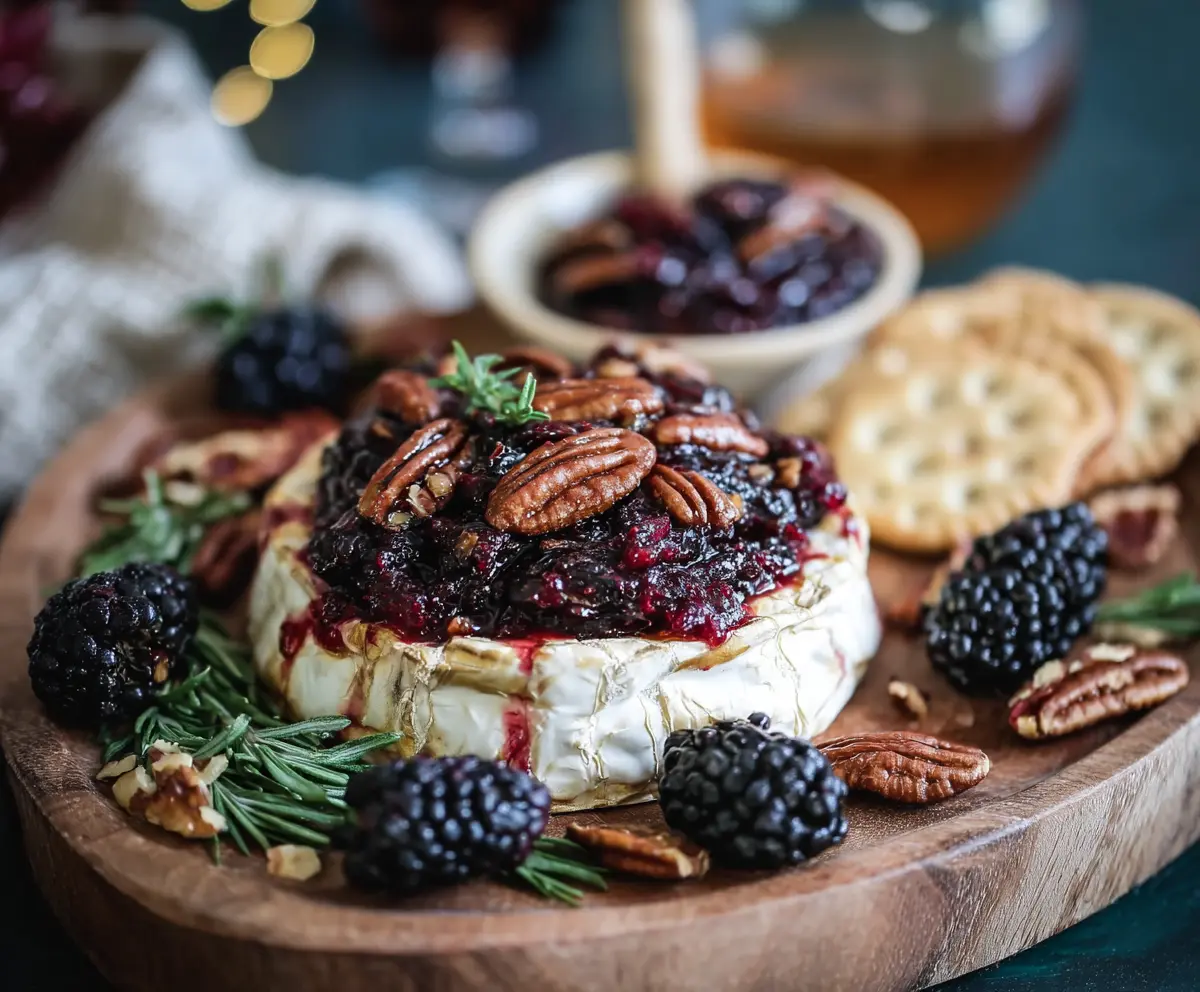 Delicious Blackberry Compote with Spicy Pecan Topped Baked Brie cheese appetizer.