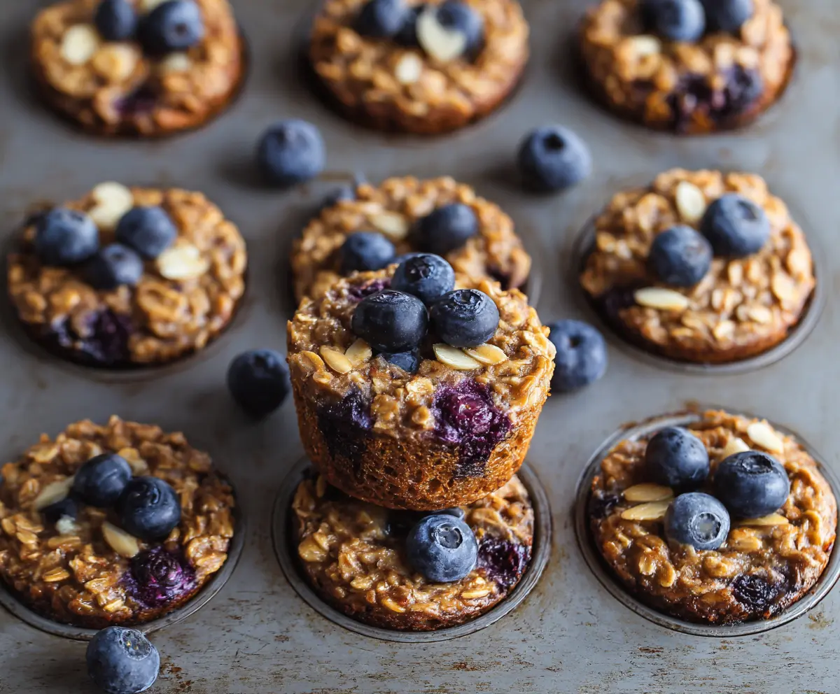 Delicious Blueberry Banana Baked Oatmeal Cups in a muffin tray on a wooden table.