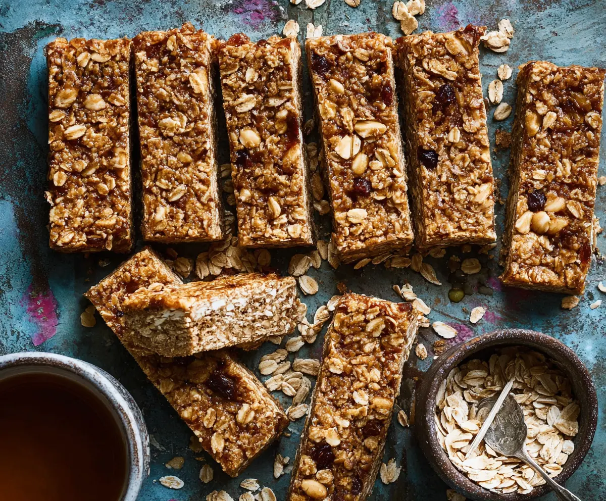 Healthy homemade breakfast bars with nuts and dried fruits in a jar.