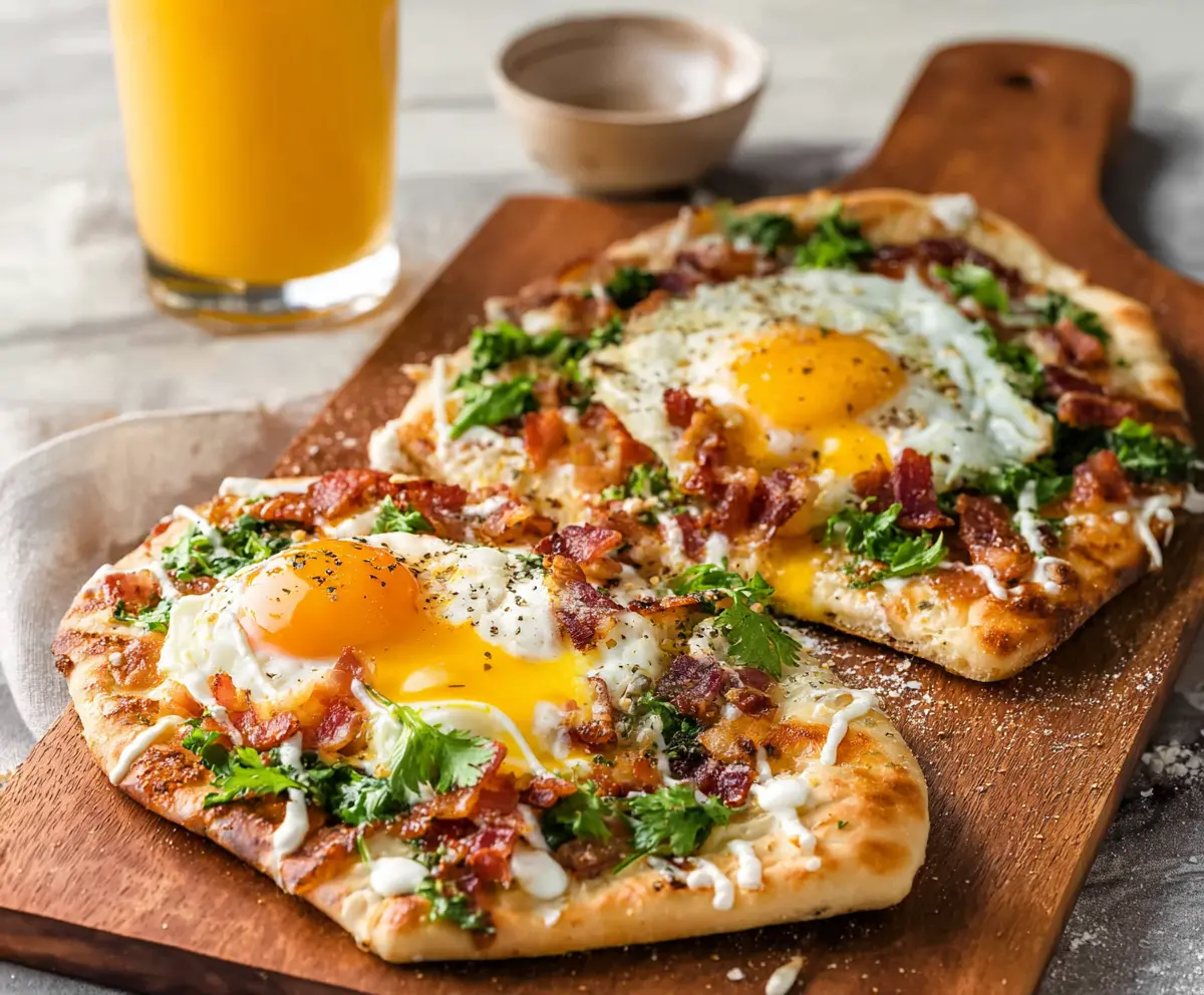Delicious breakfast flatbread topped with eggs, vegetables, and cheese, served hot on a white plate.