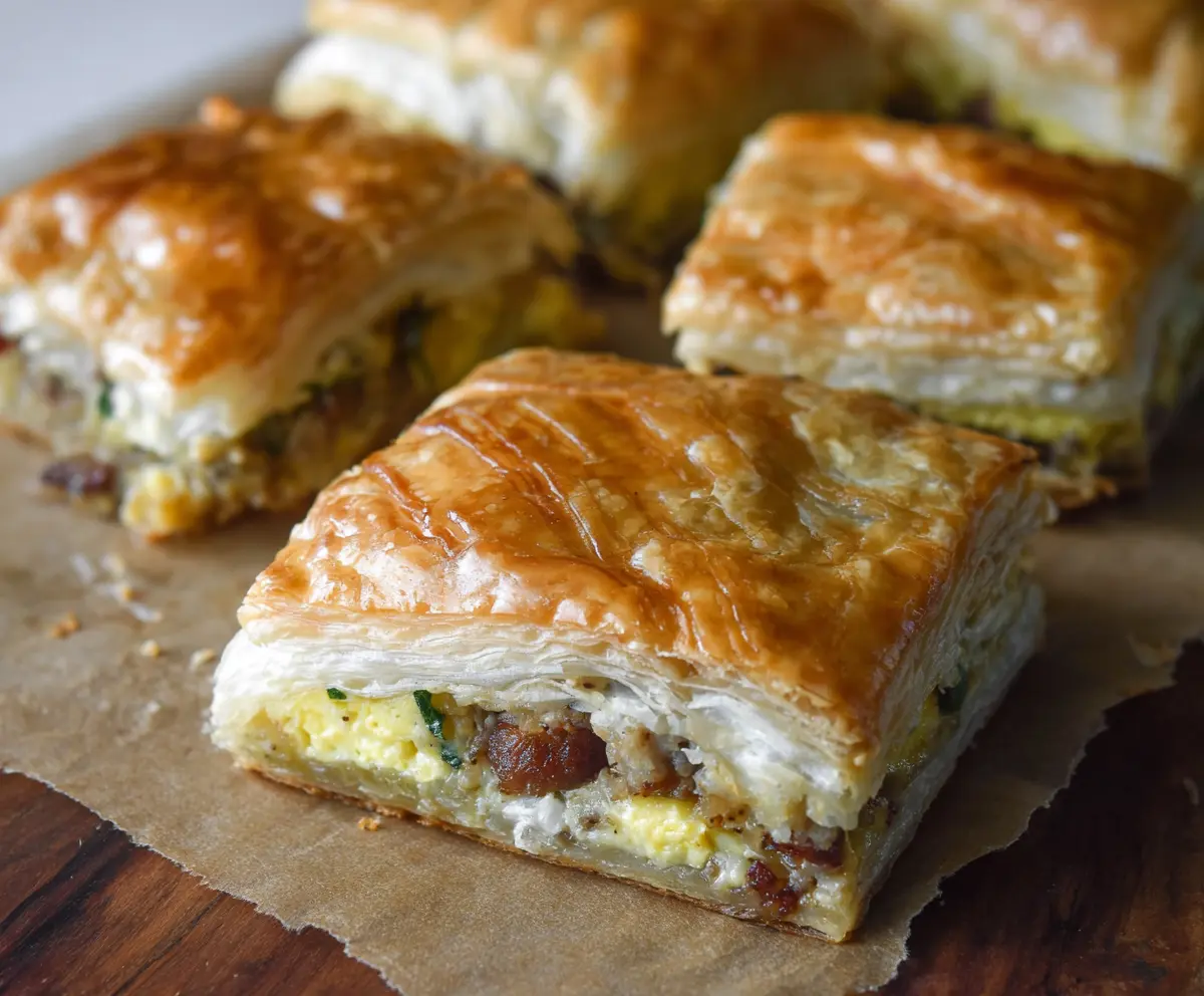 Delicious breakfast stuffed puff pastry bars filled with cheese and ham served on a plate