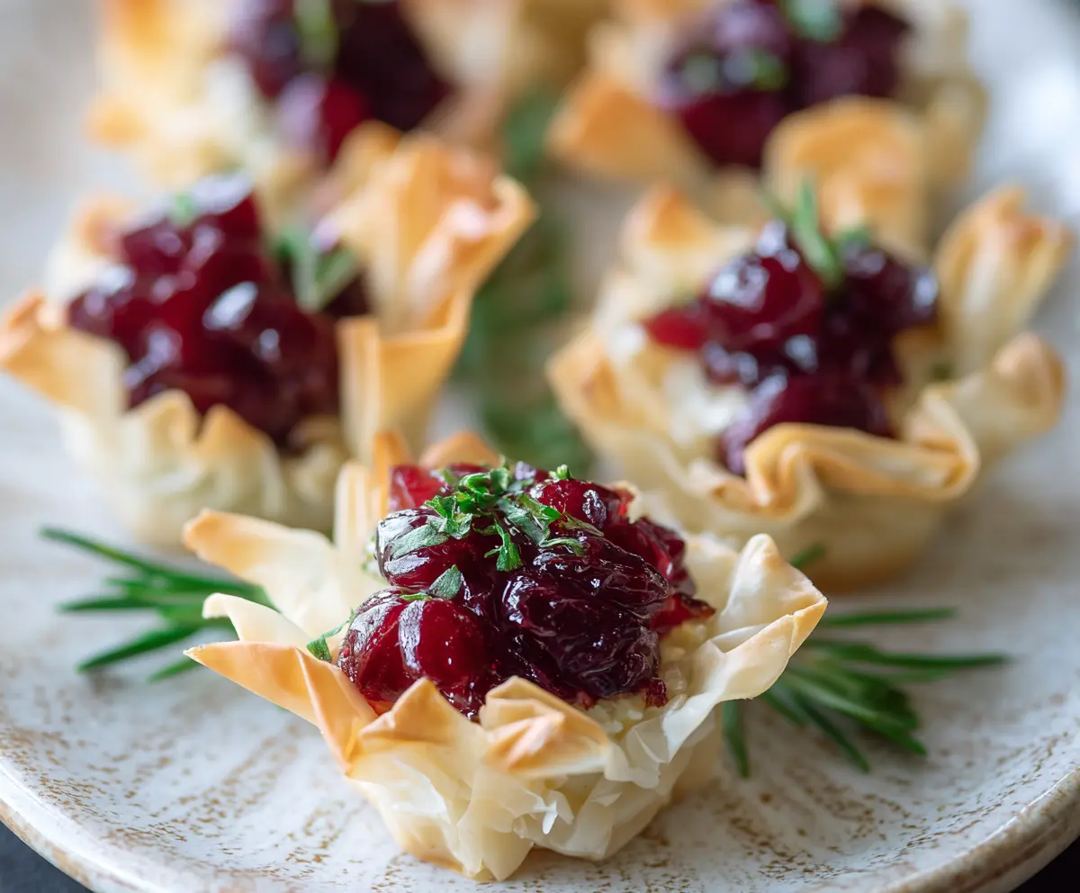 Delicious Brie Cranberry Phyllo Cups garnished with fresh herbs on a white plate