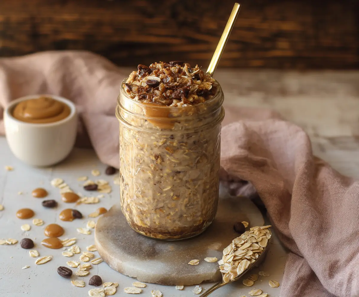 Creamy Brown Sugar Espresso Overnight Oats served in a glass jar with a spoon on a morning table.