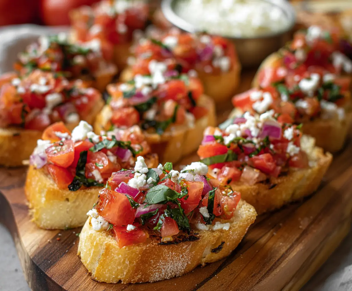 Close-up of crispy bruschetta bites topped with fresh tomatoes and basil on a rustic wooden platter.