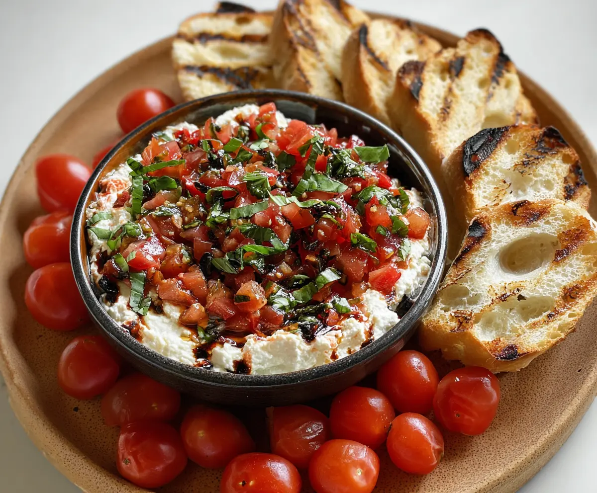 Delicious Bruschetta Dip with fresh tomatoes, basil, and mozzarella served with crunchy baguette slices