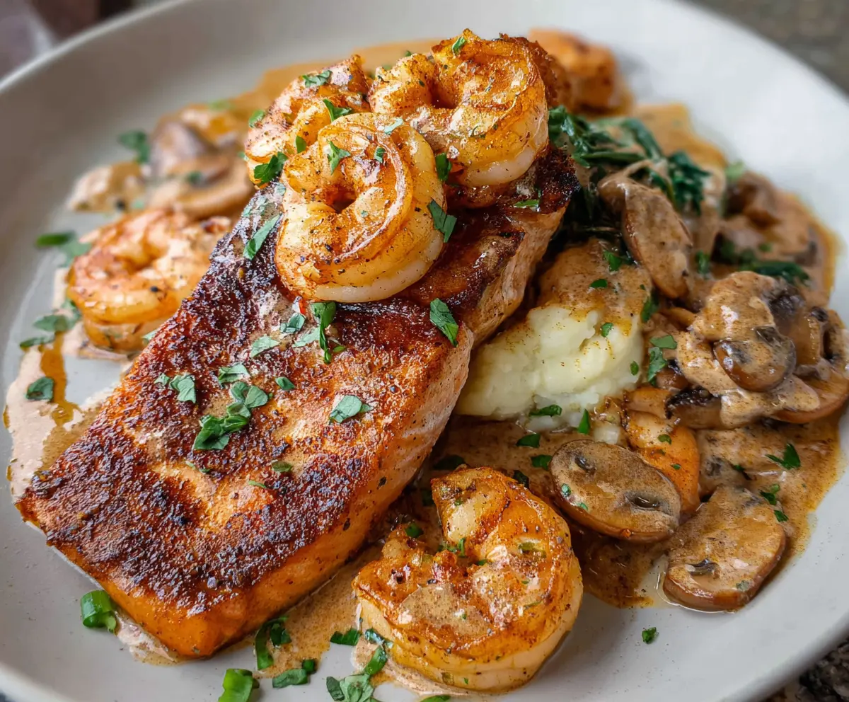 Delicious Cajun salmon and shrimp dish served on a plate with vegetables