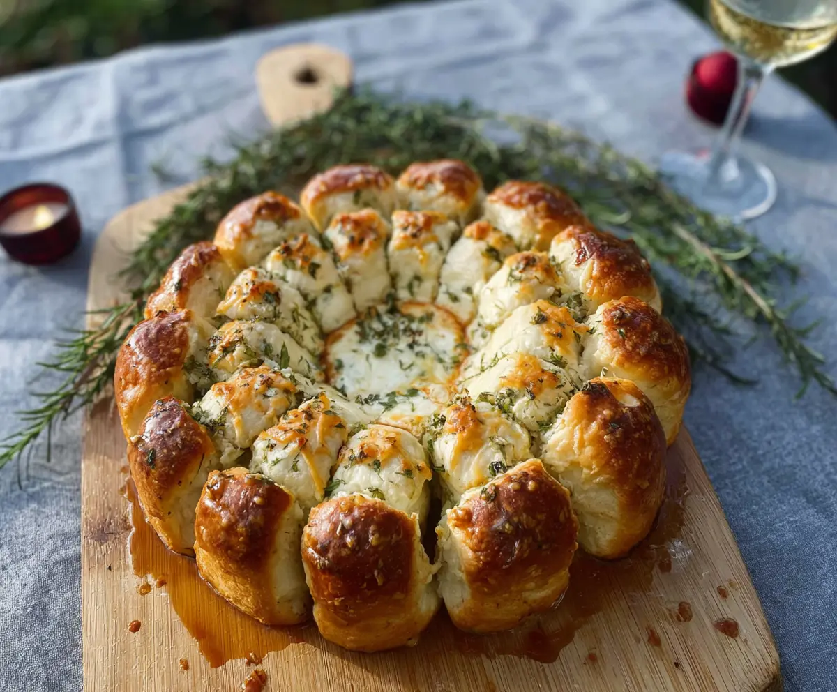 Delicious Camembert Pull-Apart Wreath with gooey cheese and crispy bread, perfect for sharing at any gathering.