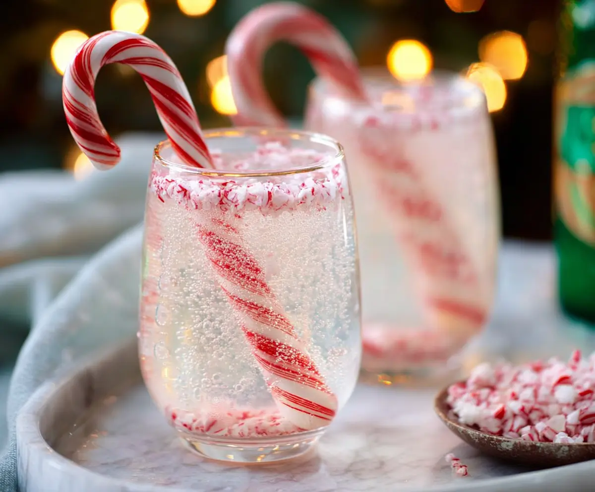 Refreshing Candy Cane Spritzer Cocktail garnished with a candy cane and mint leaves, served in a clear glass for festive celebrations.