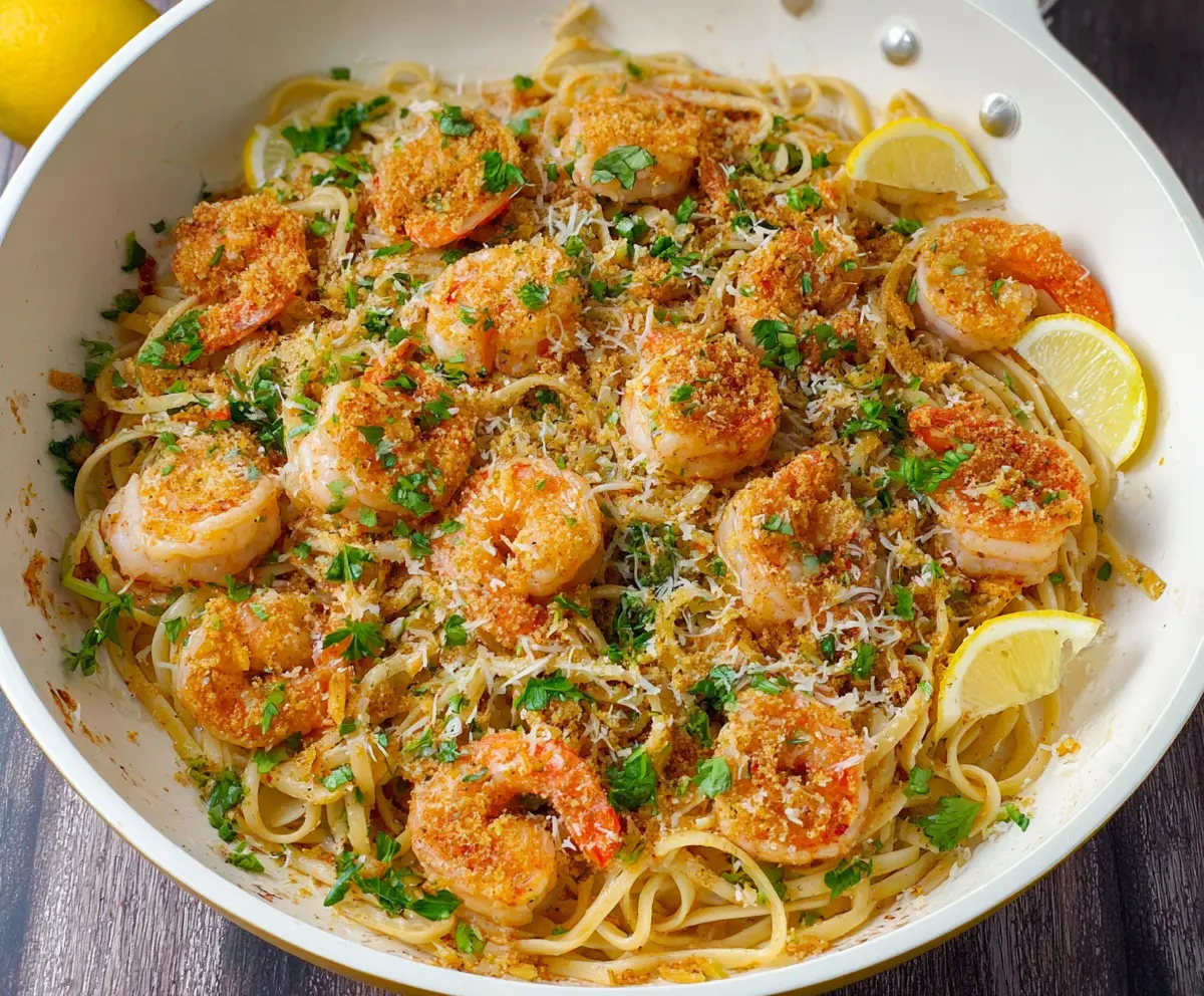 Delicious Shrimp Scampi Linguine served on a plate, featuring succulent shrimp and pasta with garlic and herbs.