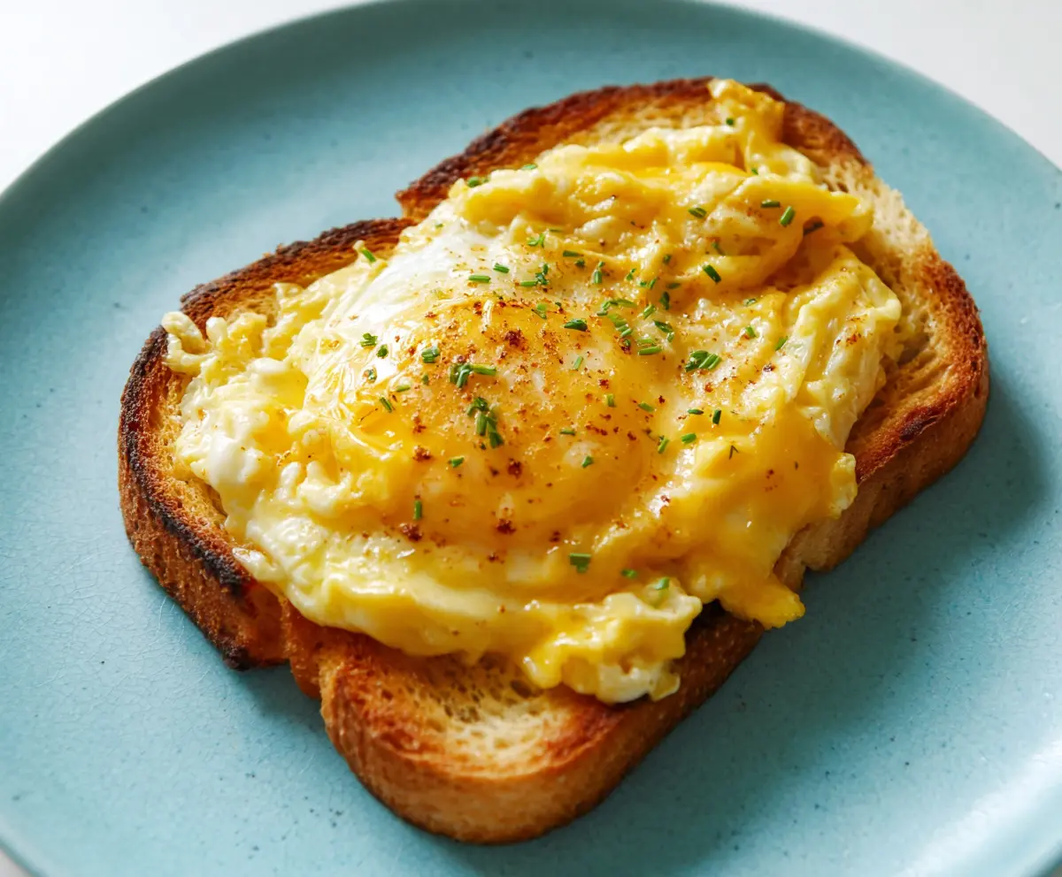 Delicious cheesy egg toast topped with melted cheese and herbs on a rustic wooden background
