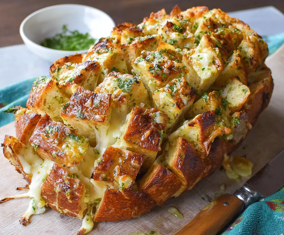 Delicious cheesy pull apart garlic bread fresh out of the oven, perfect for sharing.