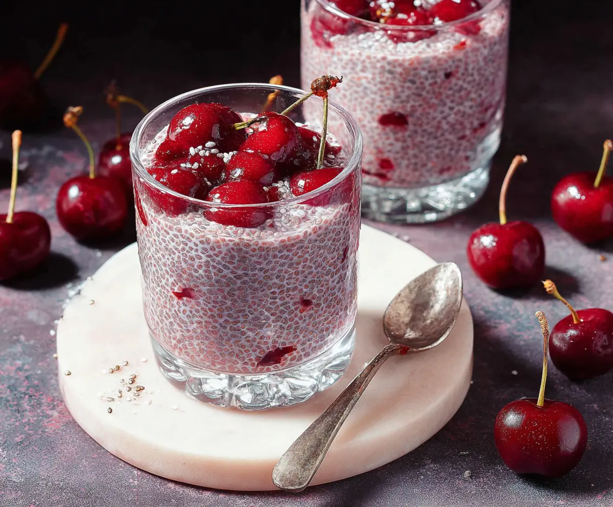 Delicious cherry chia pudding in a glass jar with fresh cherries on top, healthy dessert for breakfast or snack