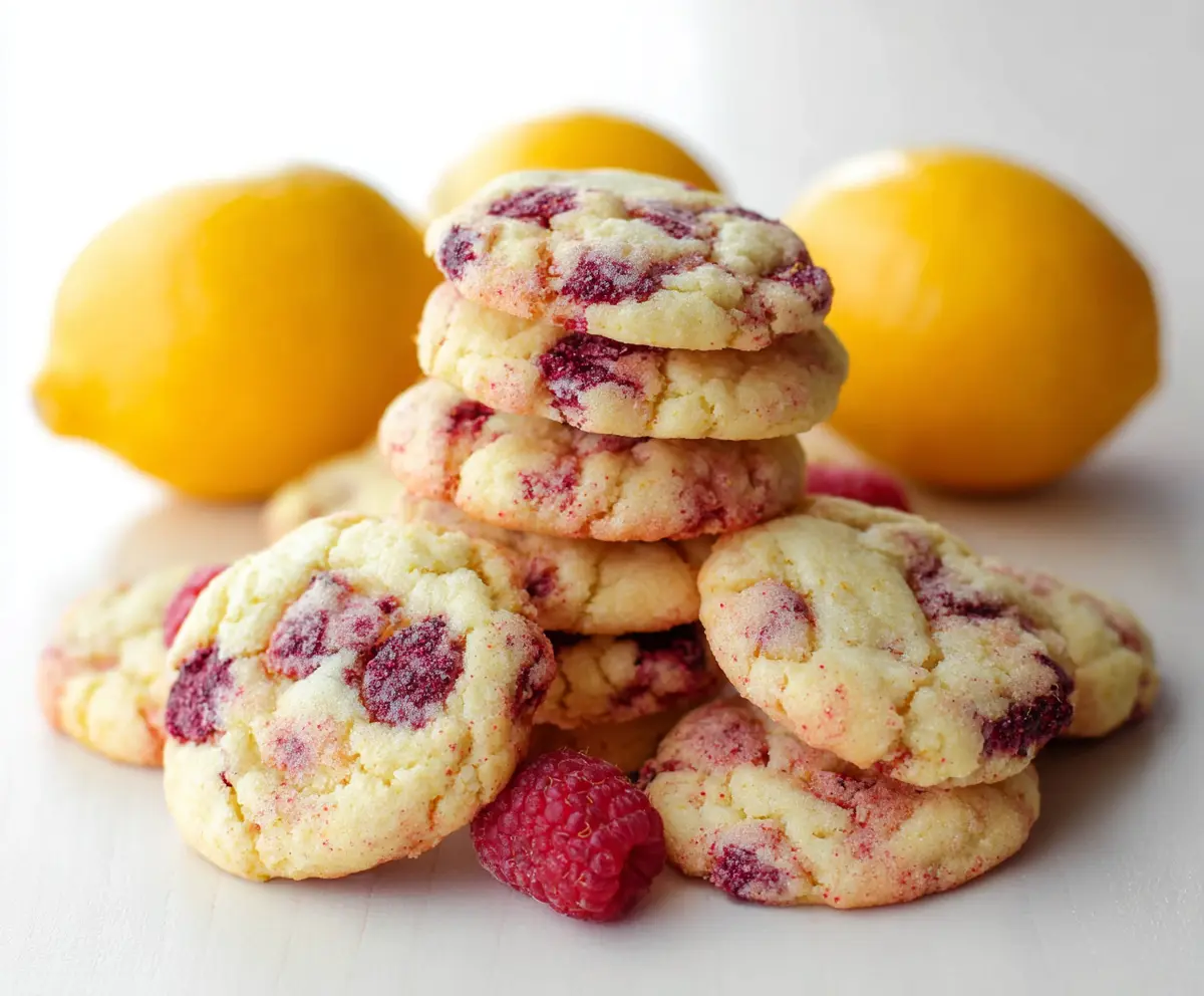 Delicious chewy lemon raspberry cookies on a white plate, featuring fresh raspberries and lemon zest.