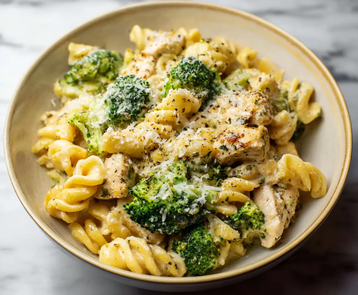 Delicious chicken and broccoli pasta dish served on a plate, showcasing tender chicken pieces, fresh broccoli florets, and al dente pasta.