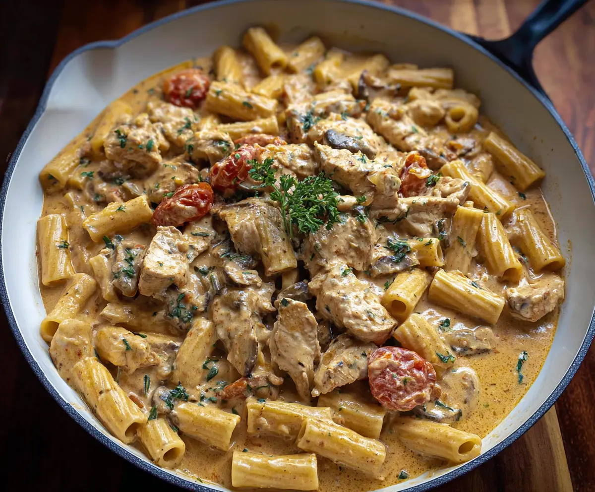 Creamy Tuscan Chicken Pasta dish with tender chicken, spinach, sun-dried tomatoes, and Parmesan cheese