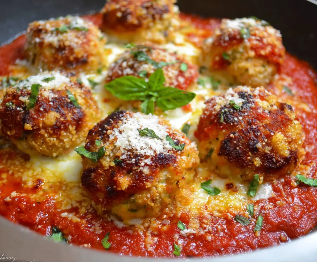 Delicious chicken Parmesan meatballs with marinara sauce on a white plate
