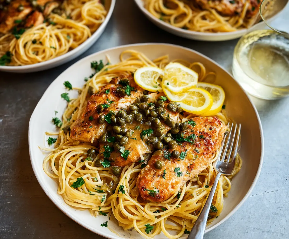 Delicious Chicken Piccata Pasta with lemon sauce and capers on a white plate.