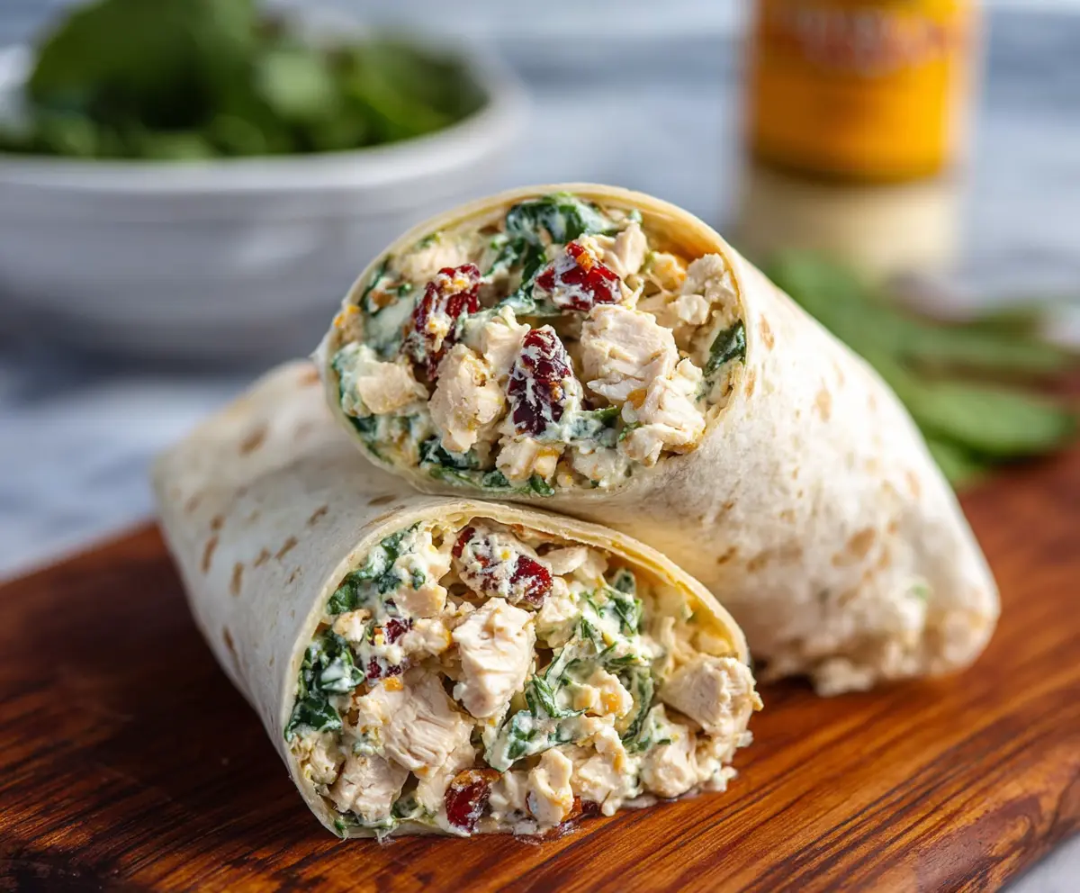 Healthy chicken salad protein wrap with fresh vegetables and whole wheat tortilla