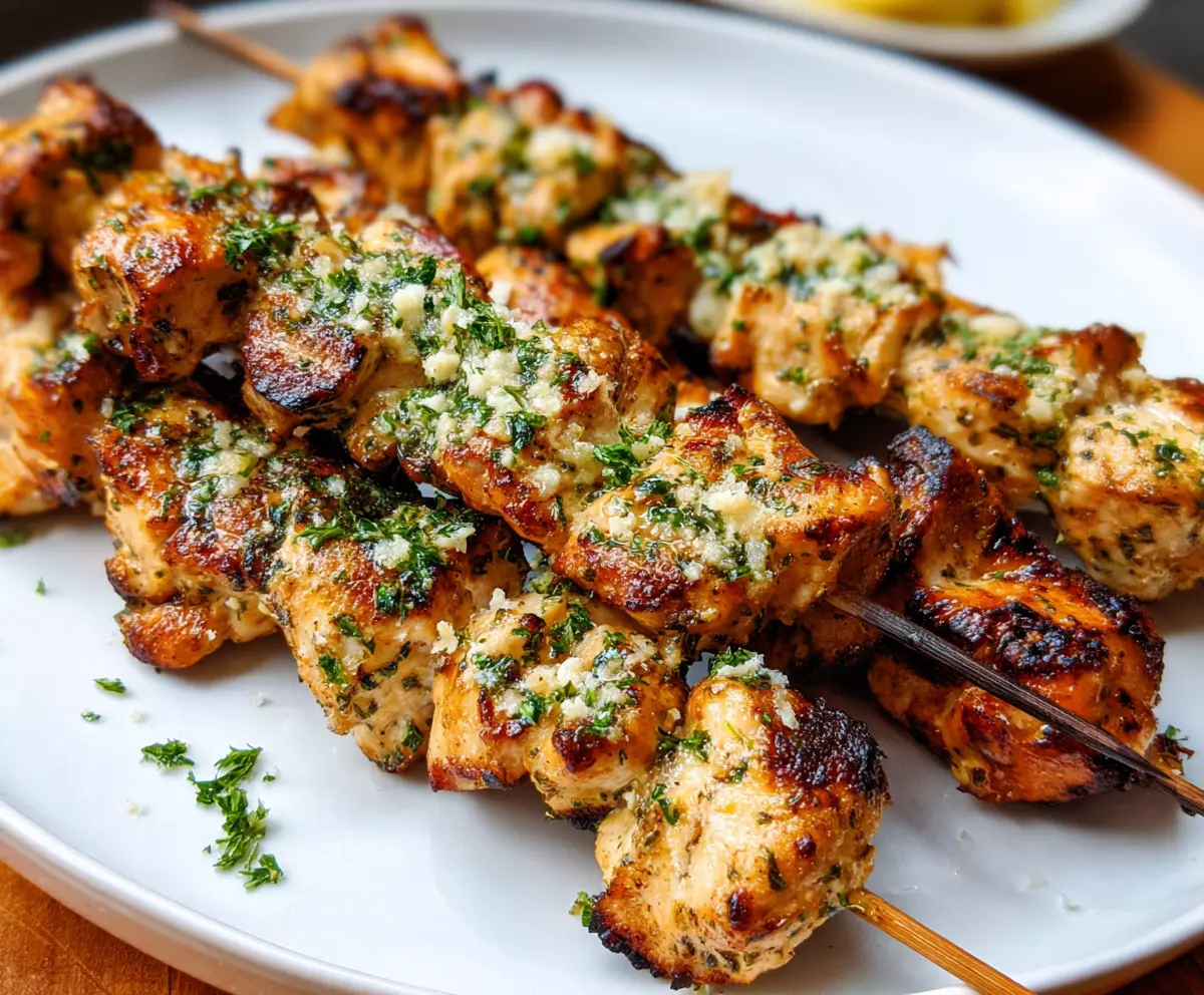 Juicy chicken skewers garnished with garlic and Parmesan cheese, perfect for grilling or BBQ dinners.