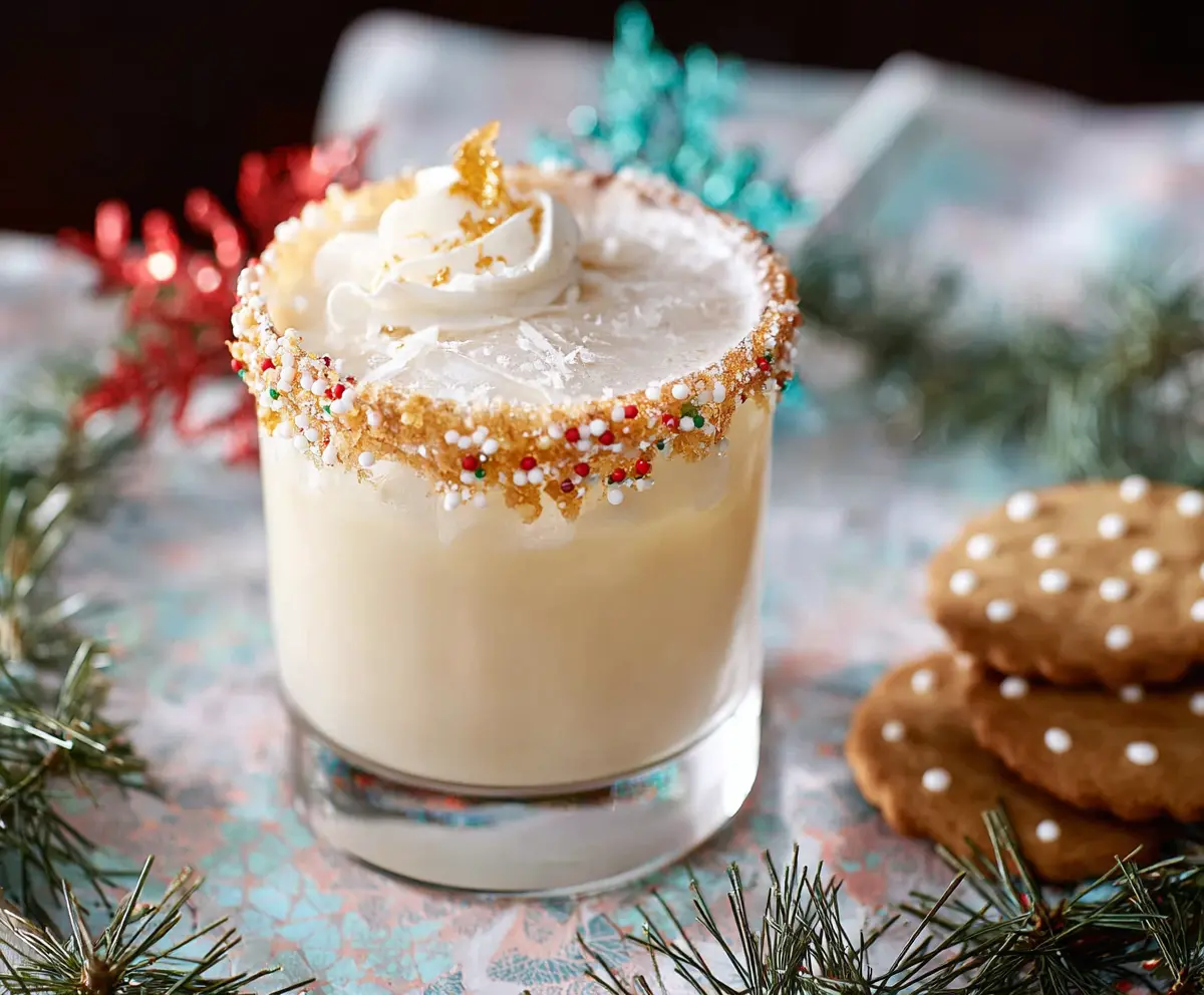 Festive Christmas Cookie Cocktail garnished with a candy cane and sugar rim in a holiday-themed glass.