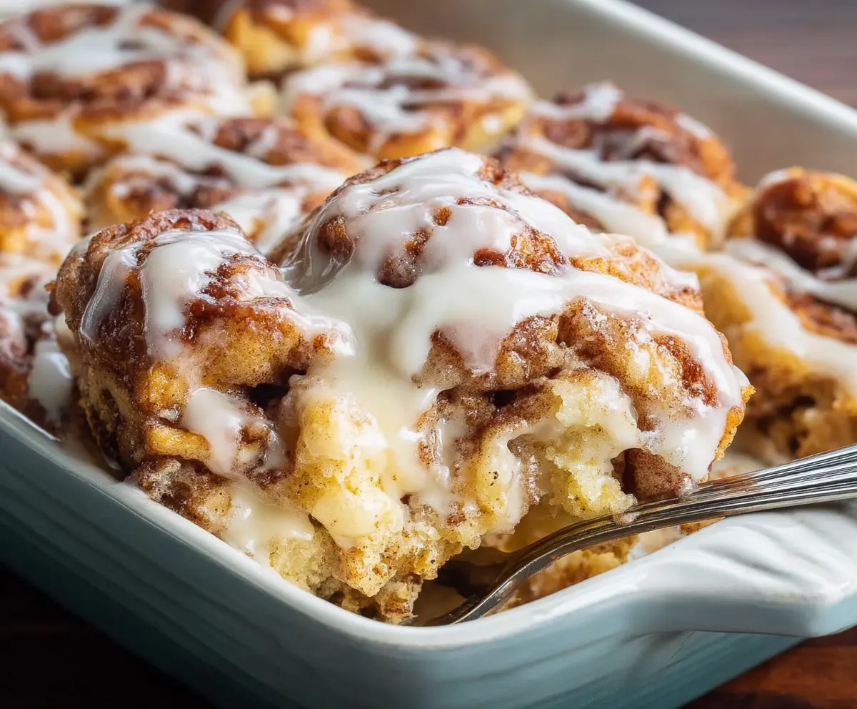 Delicious cinnamon roll casserole topped with creamy frosting, perfect for breakfast or brunch.