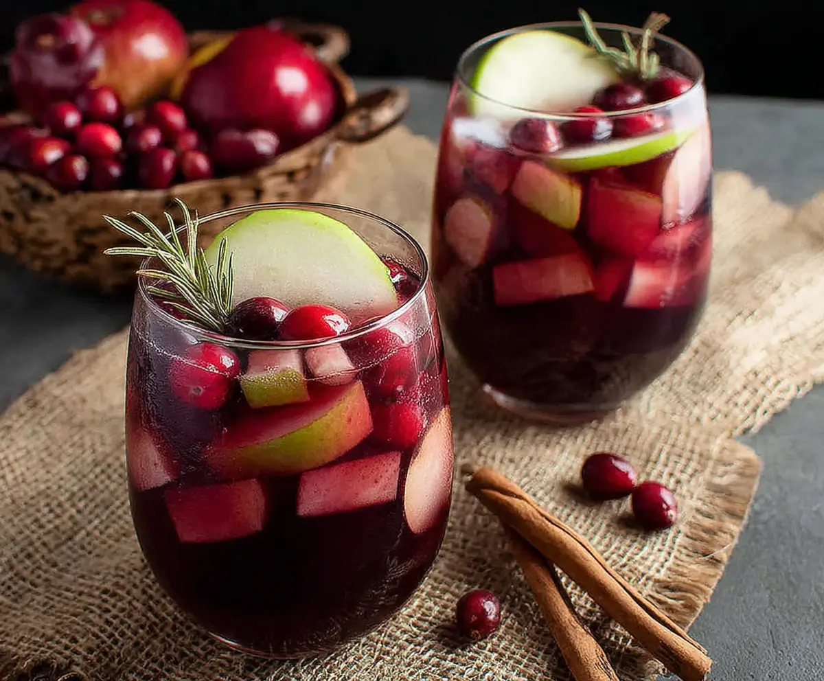 Refreshing Cranberry Apple Cider Sangria in a glass pitcher with fresh fruit slices.
