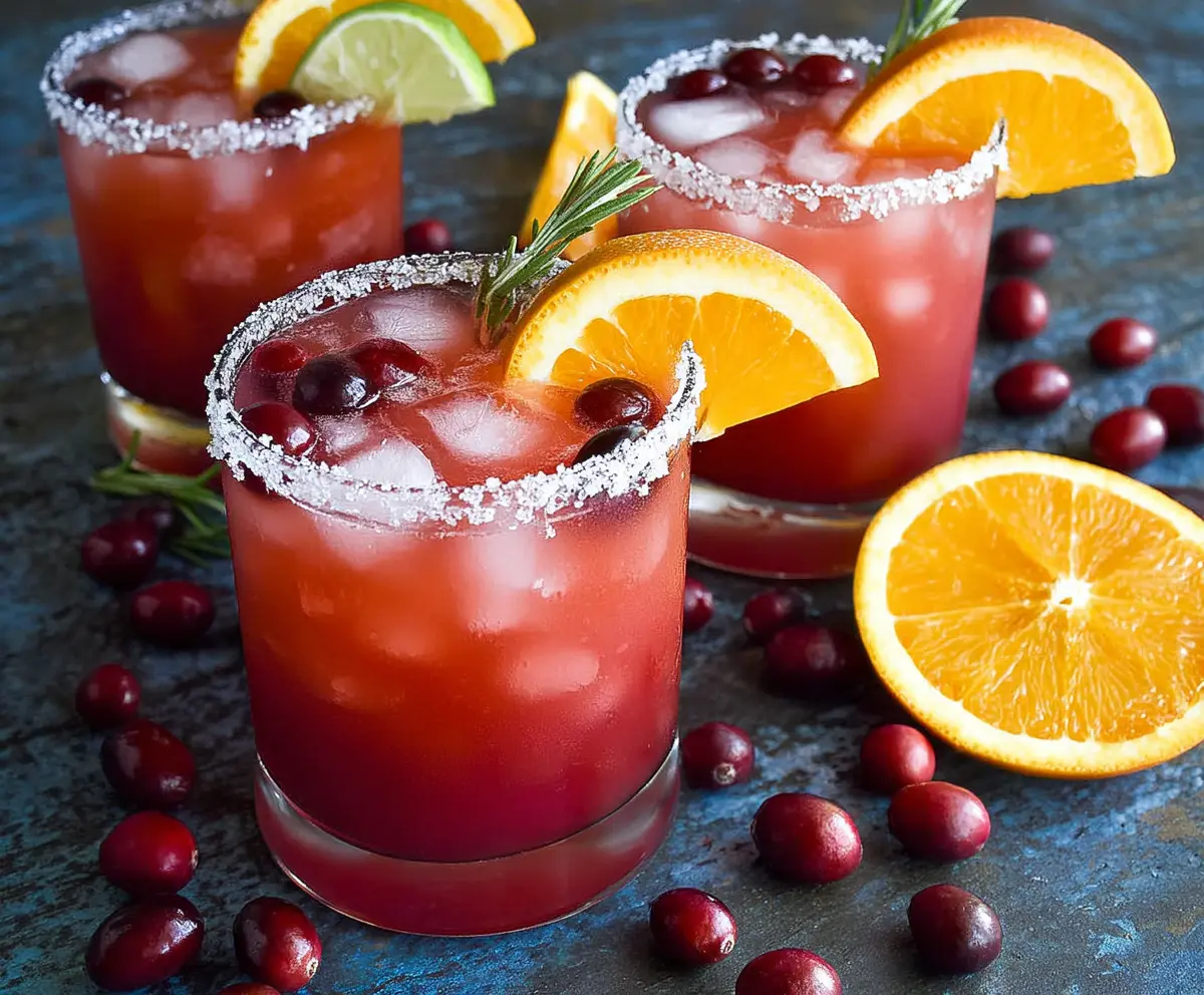 Refreshing Cranberry Orange Margarita cocktail in a glass with fresh cranberries and orange slices