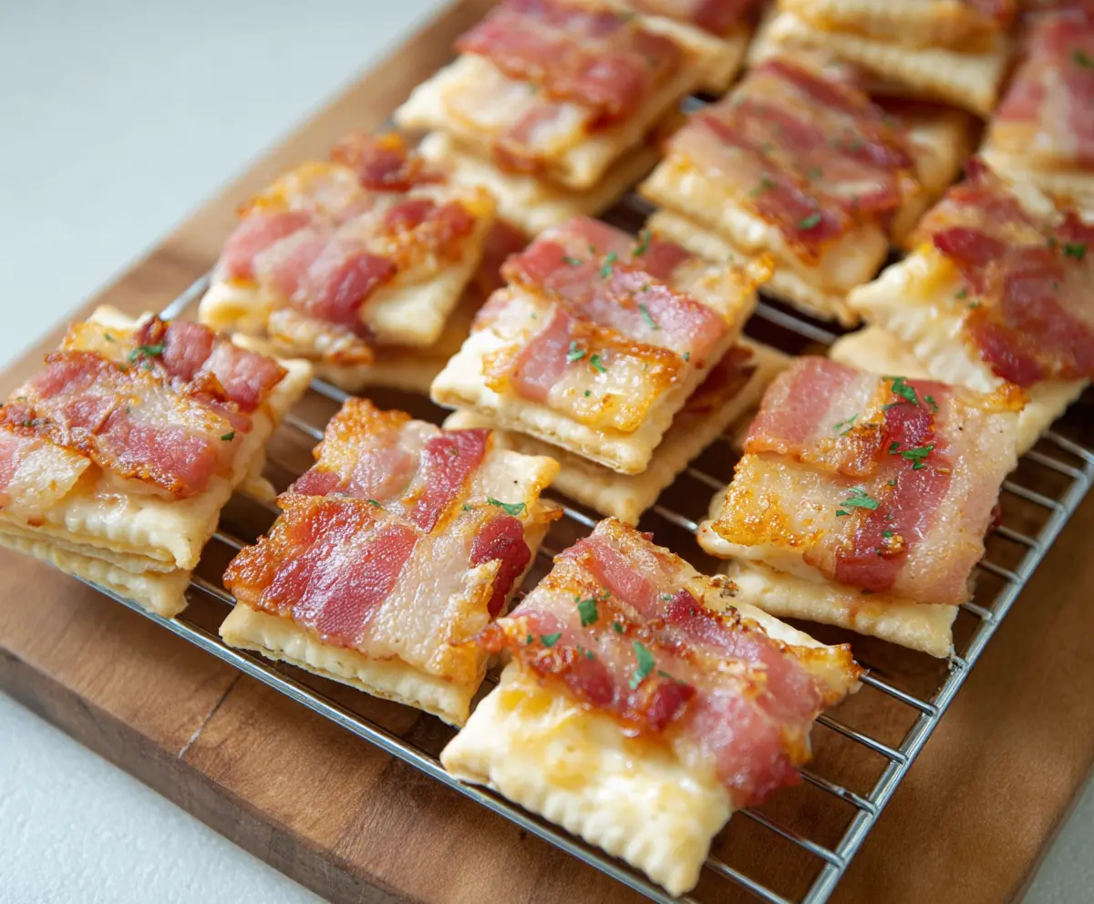 Cream Cheese Bacon Crackers on a platter, savory snack with crispy bacon and creamy cheese topping
